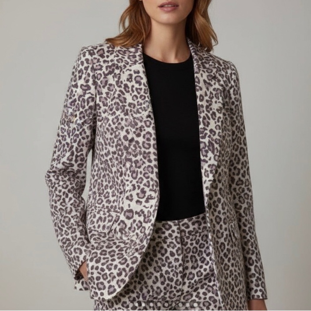 Cynthia Rowley Beige Tan Leopard Print Linen Cotton Blazer Jacket M Quiet Luxury